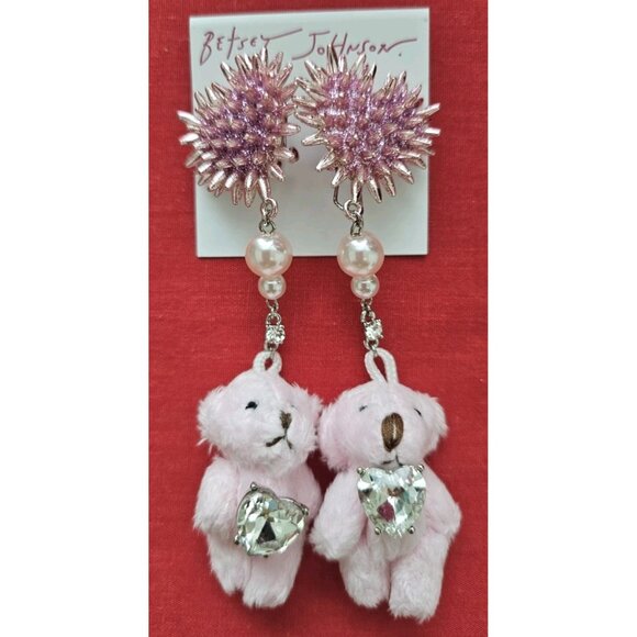 Betsey Johnson Crystal Spikey Pave Heart Pink Fuzzy Teddy Bear Drop Earrings - Picture 3 of 4